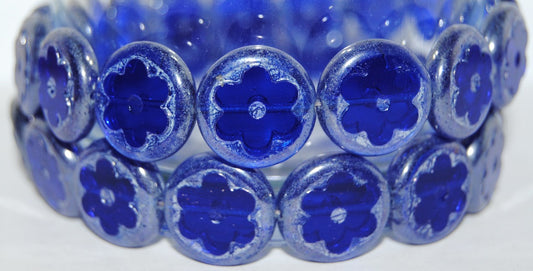 Table Cut Round Beads With Flower, Transparent Blue Hematite (30080 14400), Glass, Czech Republic