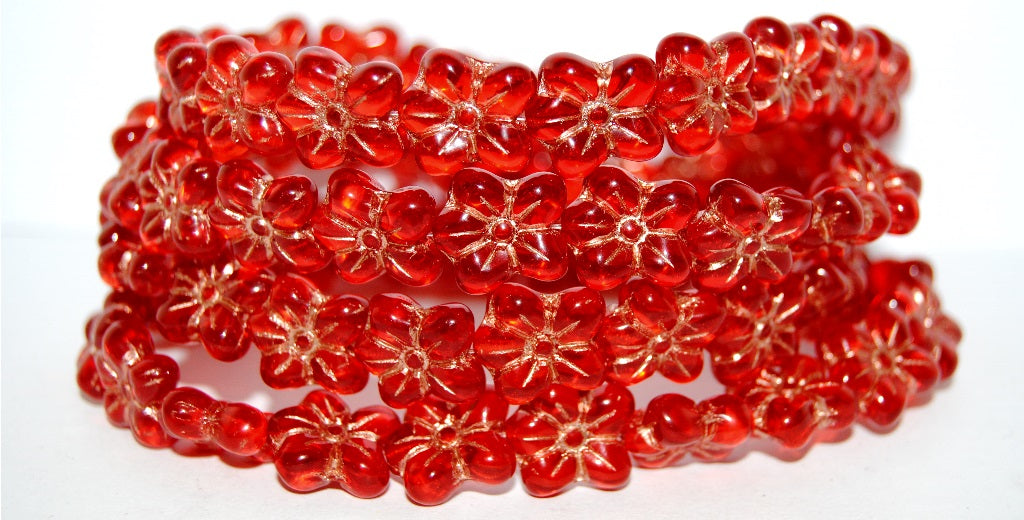 Flower Pressed Glass Beads, Transparent Red 54200 (90060 54200), Glass, Czech Republic