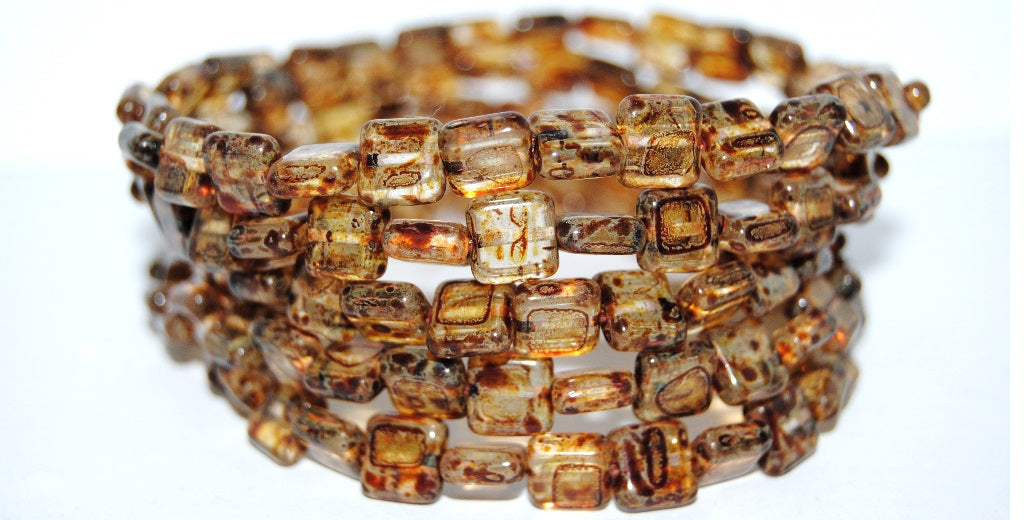 Flat Square Pressed Glass Beads, Crystal Travertin (30 86800), Glass, Czech Republic