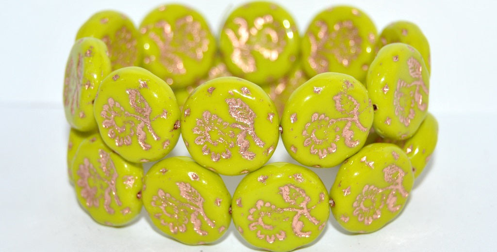 Round Flat With Flower Marguerite Pressed Glass Beads, Opaque Green 54200 (53400 54200), Glass, Czech Republic