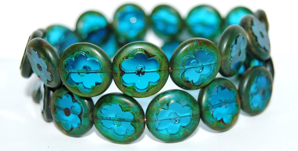 Table Cut Round Beads With Flower, Transparent Aqua 86801 (60050 86801), Glass, Czech Republic