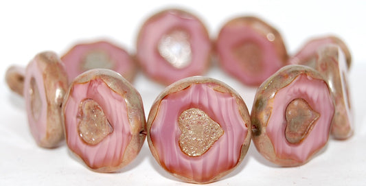 Table Cut Round Beads With Heart, Opaque Pink 43400 (76016 43400), Glass, Czech Republic