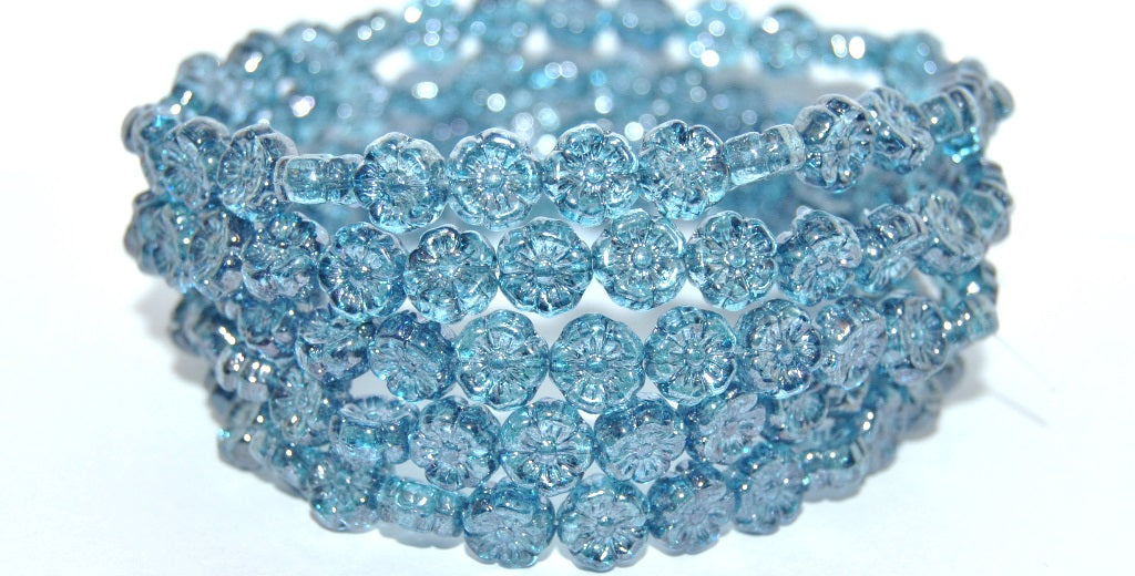 Hawaii Flower Pressed Glass Beads, Crystal Luster Blue Full Coated (30 14464), Glass, Czech Republic