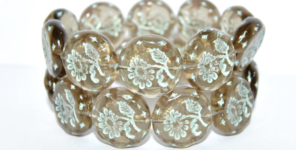 Round Flat With Flower Marguerite Pressed Glass Beads, (40020 43801 Metalic), Glass, Czech Republic