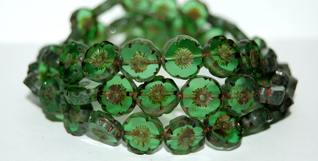 Table Cut Round Beads Hawaii Flowers, Transparent Green Travertin (50020 86800), Glass, Czech Republic