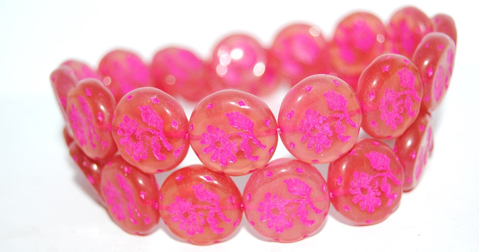 Round Flat With Flower Marguerite Pressed Glass Beads, Opal Pink 46470 (71010 46470), Glass, Czech Republic