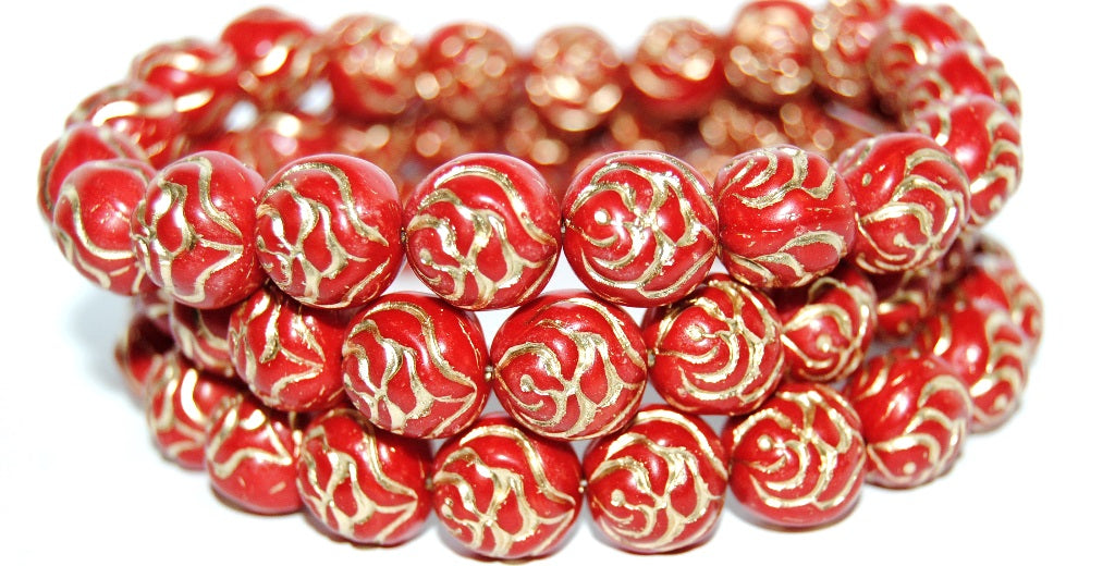 Round Rose Pressed Glass Beads, Red 54202 (93190 54202), Glass, Czech Republic