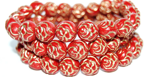 Round Rose Pressed Glass Beads, Red 54202 (93190 54202), Glass, Czech Republic