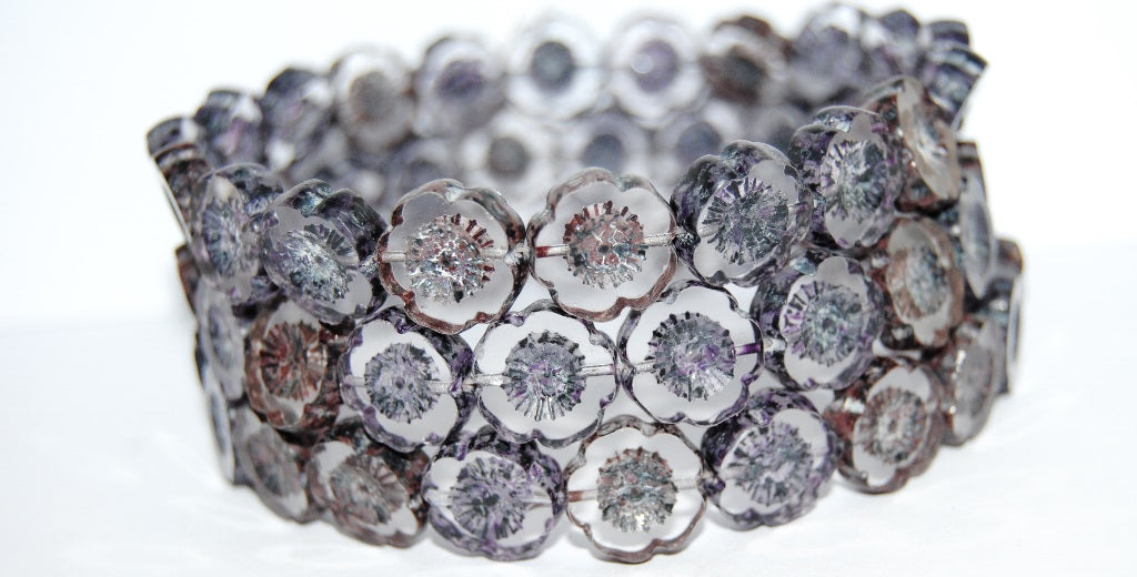 Table Cut Round Beads Hawaii Flowers, Lava Glass Crystal Black Orpi (Lava Glass 30 Black Orpi), Glass, Czech Republic