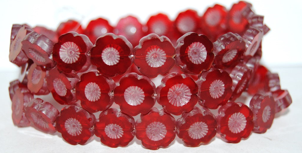 Table Cut Round Beads Hawaii Flowers, Transparent Red Luster Cream (90060 14401), Glass, Czech Republic