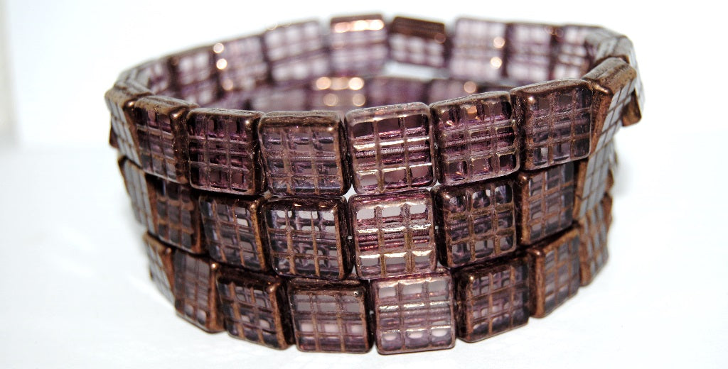 Table Cut Square Beads With Grid, Transparent Light Amethyst Bronze (20020 14415), Glass, Czech Republic