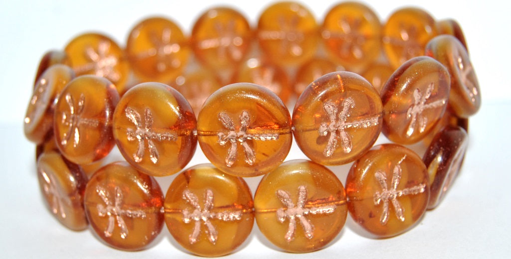Round Flat Wit Dragonfly Pressed Glass Beads, (6208 54200), Glass, Czech Republic