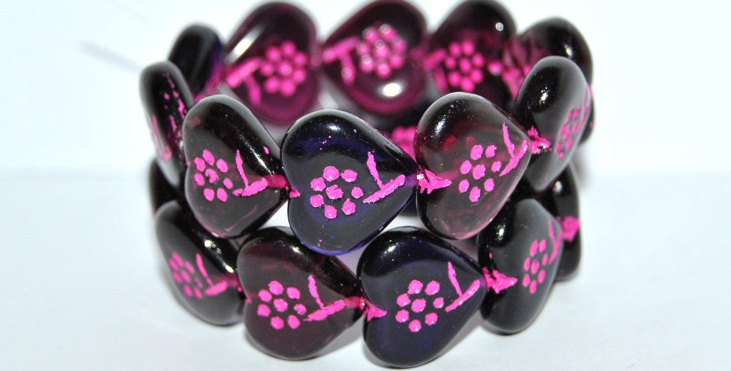Heart With Simple Flower Pressed Glass Beads, Amethyst Mixed Colors 46470 (Amethyst Mix 46470), Glass, Czech Republic