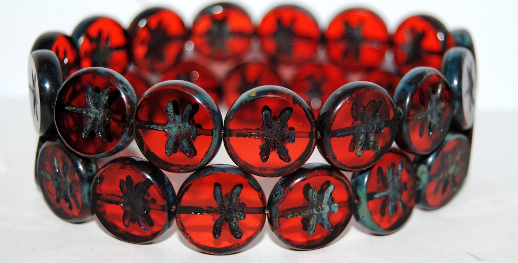 Table Cut Round Beads With Dragonfly, Transparent Red Travertin (90060 86800), Glass, Czech Republic