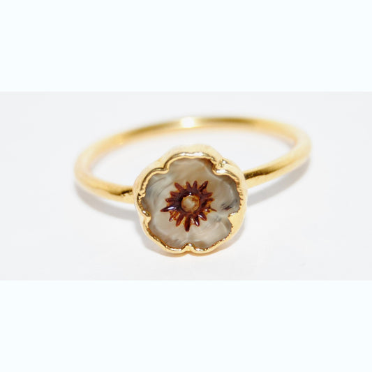 Adjustable Ring with Polished Czech Glass Bead, Hawaiian Flower 8 mm (G-13-B)
