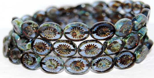 Table Cut Oval Beads Kiwi, Transparent Blue Travertin (30020 86800), Glass, Czech Republic
