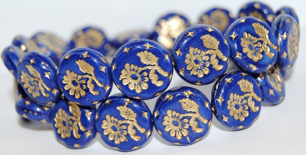 Round Flat With Flower Marguerite Pressed Glass Beads, (34030 54202), Glass, Czech Republic