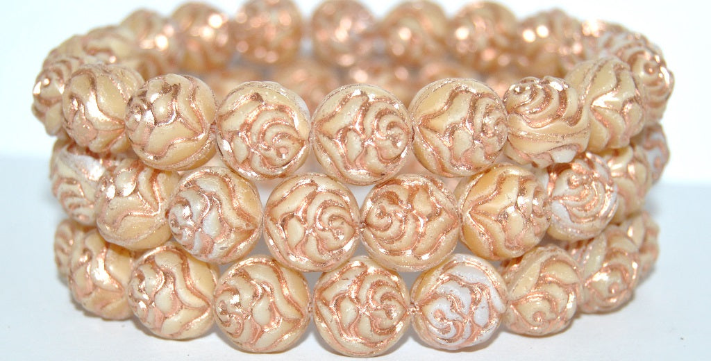 Round Rose Pressed Glass Beads, Dark Beige 54200 Antiq (7193 54200 Antiq), Glass, Czech Republic