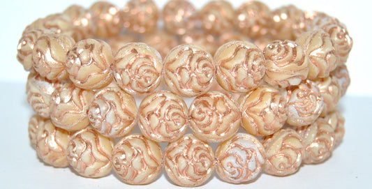 Round Rose Pressed Glass Beads, Dark Beige 54200 Antiq (7193 54200 Antiq), Glass, Czech Republic