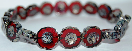 Table Cut Round Beads Hawaii Flowers, Transparent Red 43400 (90100 43400), Glass, Czech Republic