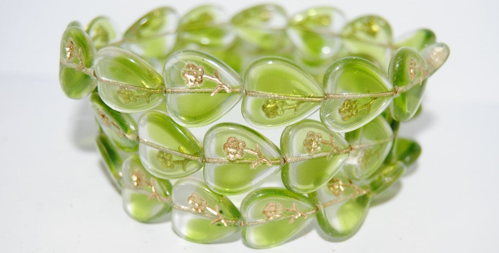 Heart Pressed Glass Beads With Flower, (57008 54202), Glass, Czech Republic