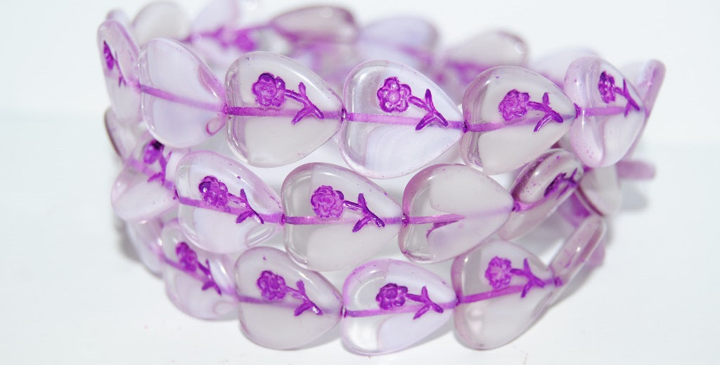 Heart Pressed Glass Beads With Flower, (75016 46420), Glass, Czech Republic