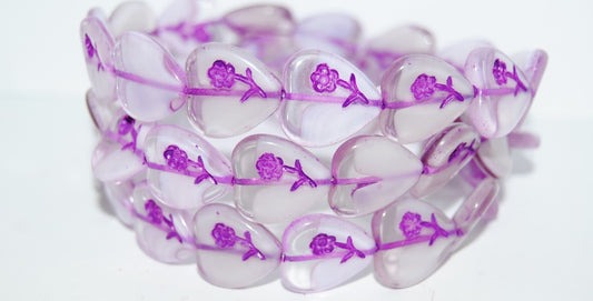 Heart Pressed Glass Beads With Flower, (75016 46420), Glass, Czech Republic