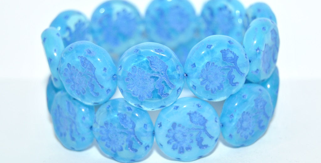 Round Flat With Flower Marguerite Pressed Glass Beads, Opal Aqua 46430 (61000 46430), Glass, Czech Republic