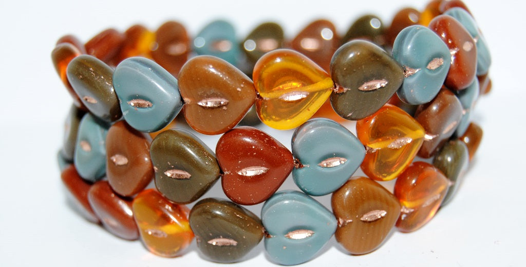 Heart Pressed Glass Beads, Mixed Colors Brown Silver Lined Crystal 54200 (Mix Brown 1 54200), Glass, Czech Republic
