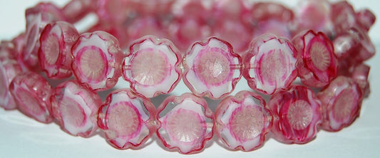 Table Cut Round Beads Hawaii Flowers, 75014 Luster Cream (75014 14401), Glass, Czech Republic