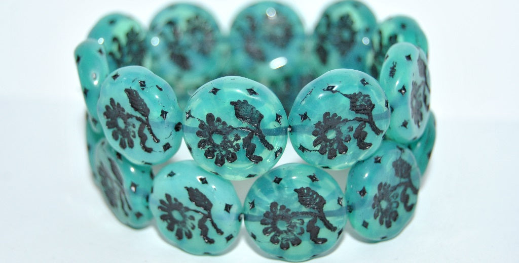 Round Flat With Flower Marguerite Pressed Glass Beads, Opal Aqua 46769 Uranium (61100 46769 Uranium), Glass, Czech Republic