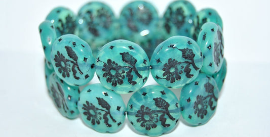 Round Flat With Flower Marguerite Pressed Glass Beads, Opal Aqua 46769 Uranium (61100 46769 Uranium), Glass, Czech Republic