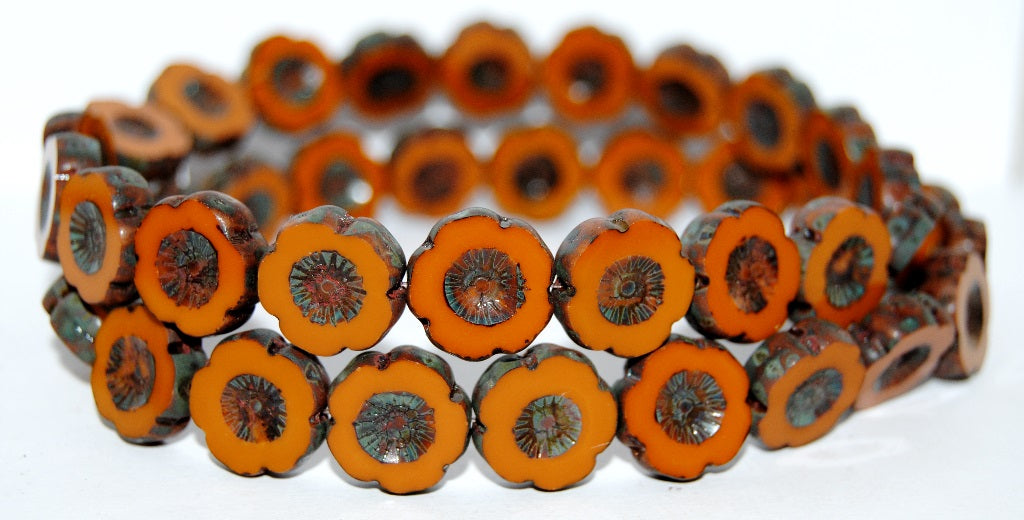 Table Cut Round Beads Hawaii Flowers, Opaque Brown Travertin (13610 86800), Glass, Czech Republic