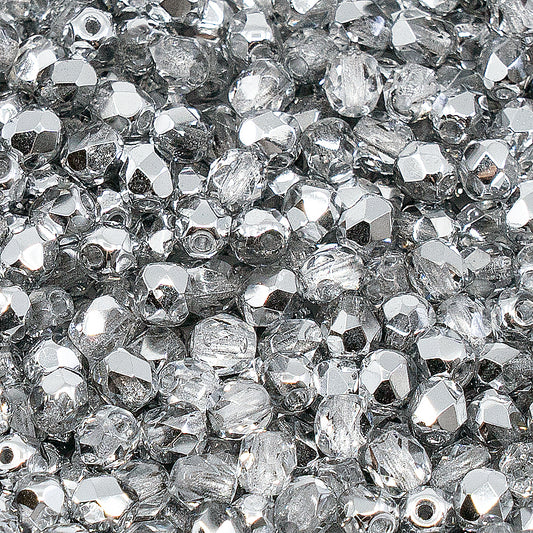 Faceted Fire Polished Pressed Czech Glass Beads, Crystal Silver Aluminum Labrador 00030-27001