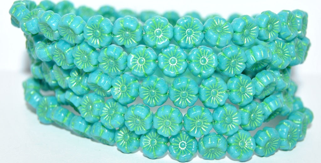 Hawaii Flower Pressed Glass Beads, Turquoise 43813 Metalic (63130 43813 Metalic), Glass, Czech Republic