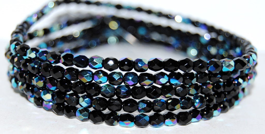 Fire Polished Round Faceted Beads, Black Ab (23980 Ab), Glass, Czech Republic