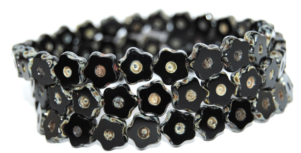 Table Cut Flower Beads With Dot, Black Travertin (23980 86800), Glass, Czech Republic