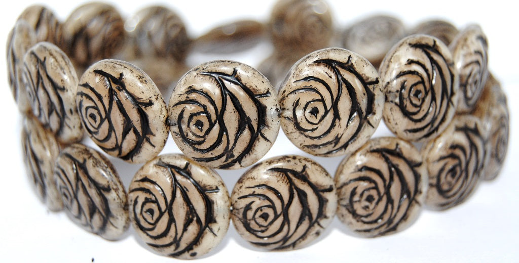 Round Flat Rose Flower Pressed Glass Beads, (16017 23202), Glass, Czech Republic