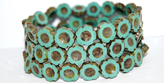 Table Cut Round Beads Hawaii Flowers, Turquoise 86800B (63130 86800B), Glass, Czech Republic