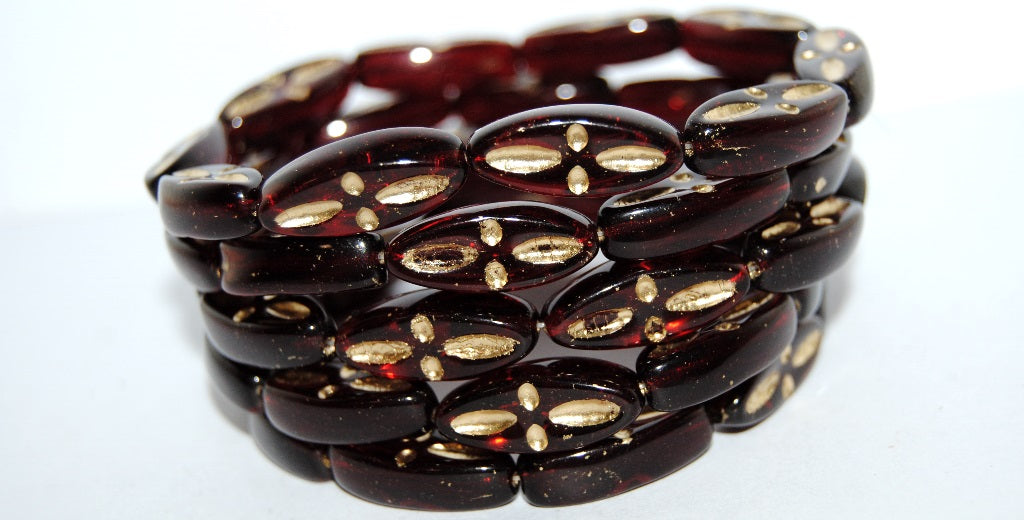 Boat Oval Pressed Glass Beads With Decor, Transparent Red 54202 (90100 54202), Glass, Czech Republic