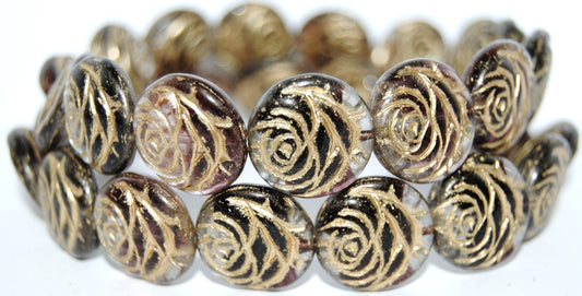 Round Flat Rose Flower Pressed Glass Beads, (27701 54202), Glass, Czech Republic