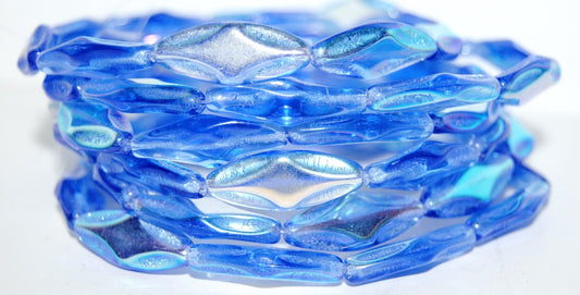 Faceted Oval With Star Pressed Glass Beads, Transparent Blue Ab (30030 Ab), Glass, Czech Republic