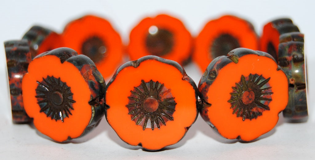 Table Cut Round Beads Hawaii Flowers, Deep Orange  Travertin (93140 86800), Glass, Czech Republic