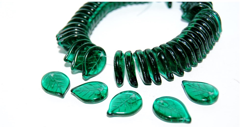 Leaf Pressed Glass Beads, Transparent Green Emerald (50710), Glass, Czech Republic