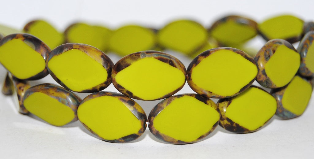 Table Cut Oval Beads With Rhomb, Opaque Green Travertin (53400 86800), Glass, Czech Republic