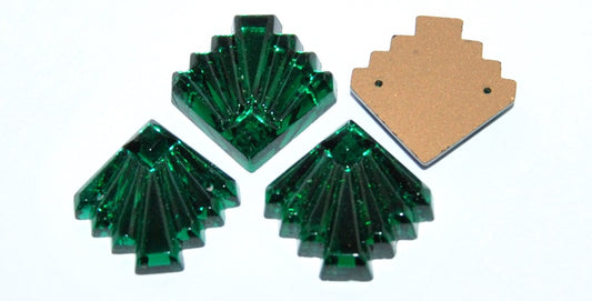 Cabochons Fan Faceted Flat Back Sew-On With 2 Holes, (Emerald Similization), Glass, Czech Republic