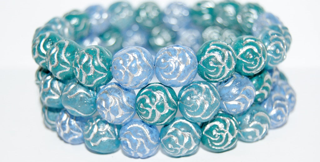 Round Rose Pressed Glass Beads, Lava Glass Mixed Colors Blue 54201 (Lava Glass Mix Blue 54201), Glass, Czech Republic