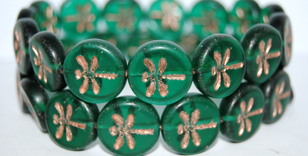 Round Flat Wit Dragonfly Pressed Glass Beads, Transparent Green Emerald 54200M (50720 54200M), Glass, Czech Republic