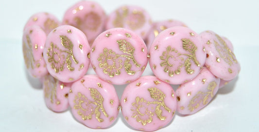 Round Flat With Flower Marguerite Pressed Glass Beads, Pink 54202 (7724 54202), Glass, Czech Republic