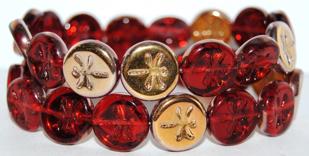 Round Flat Wit Dragonfly Pressed Glass Beads, Ruby Red 27101 (90080 27101), Glass, Czech Republic